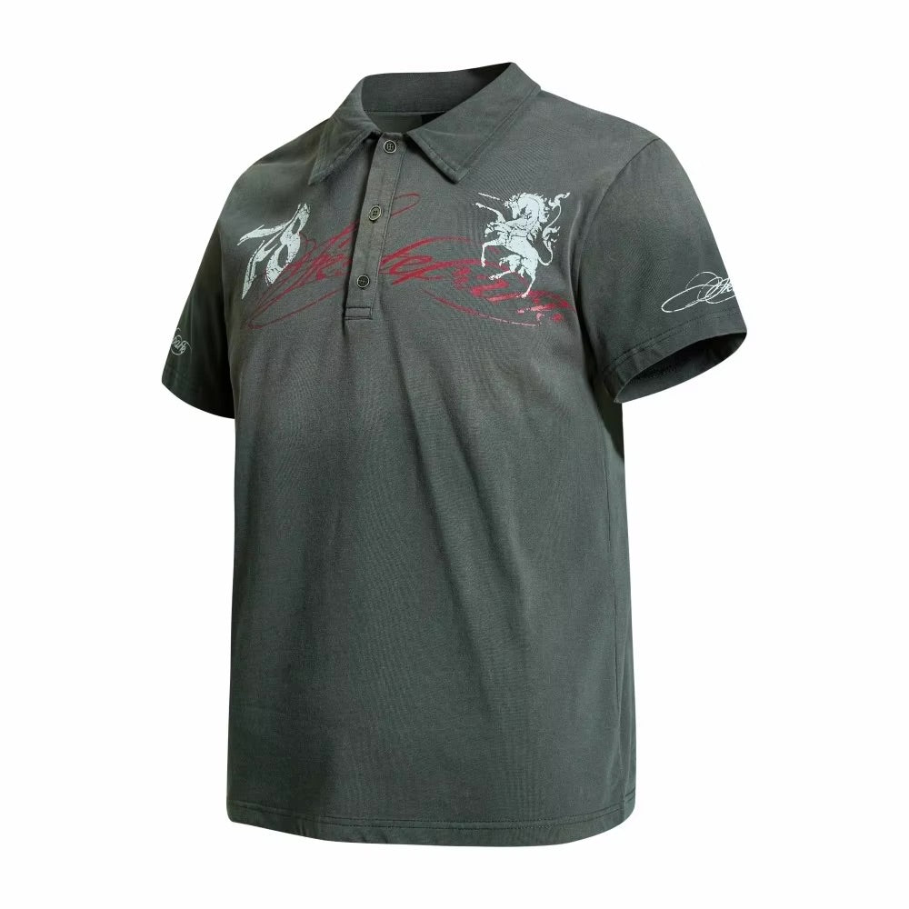 Y2K Retro Distressed Letter Graphic Polo Shirt