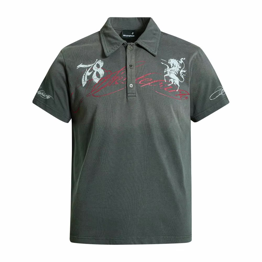 Y2K Retro Distressed Letter Graphic Polo Shirt