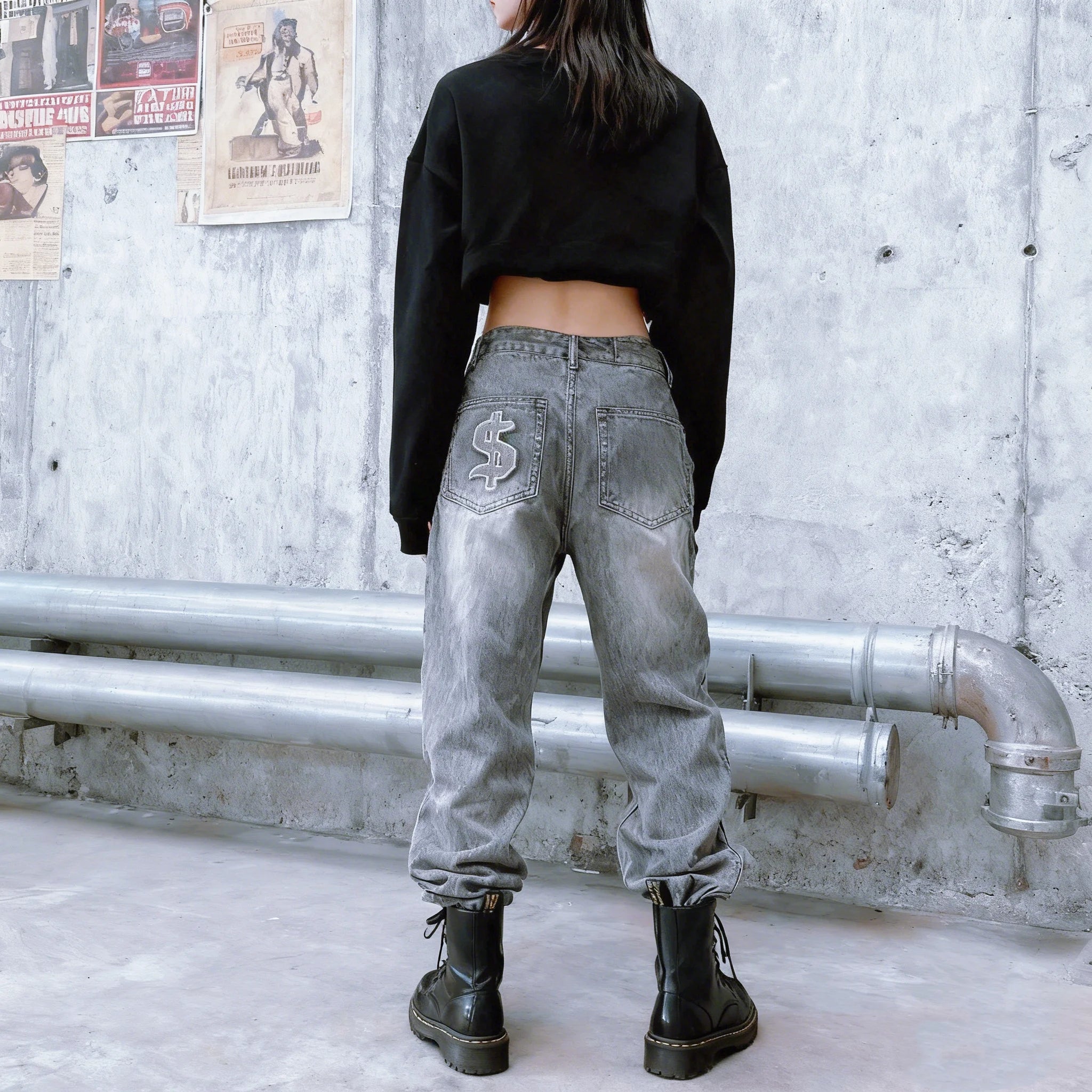 Y2K Retro Dollar Embroidered Patchwork Denim Jeans