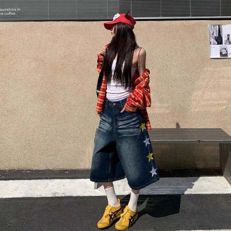 Y2K Retro Embroidered Star Jorts