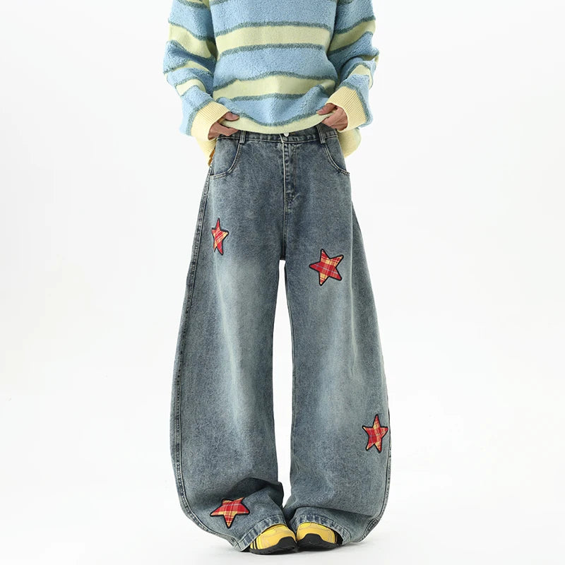Y2K Retro Embroidered Star Patchwork Baggy Barrel Jeans