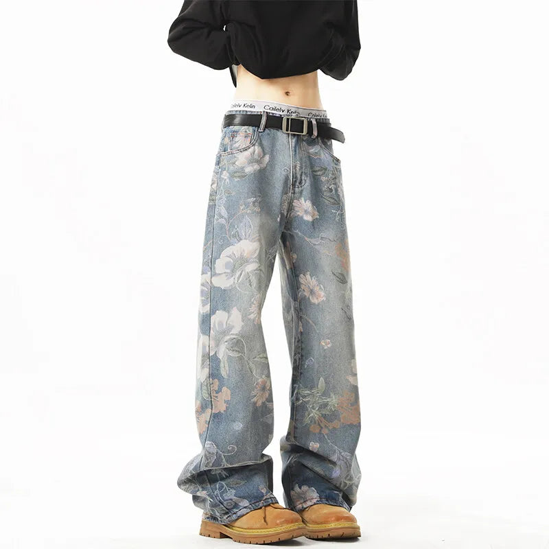 Y2K Retro Floral Print Straight Leg Jeans