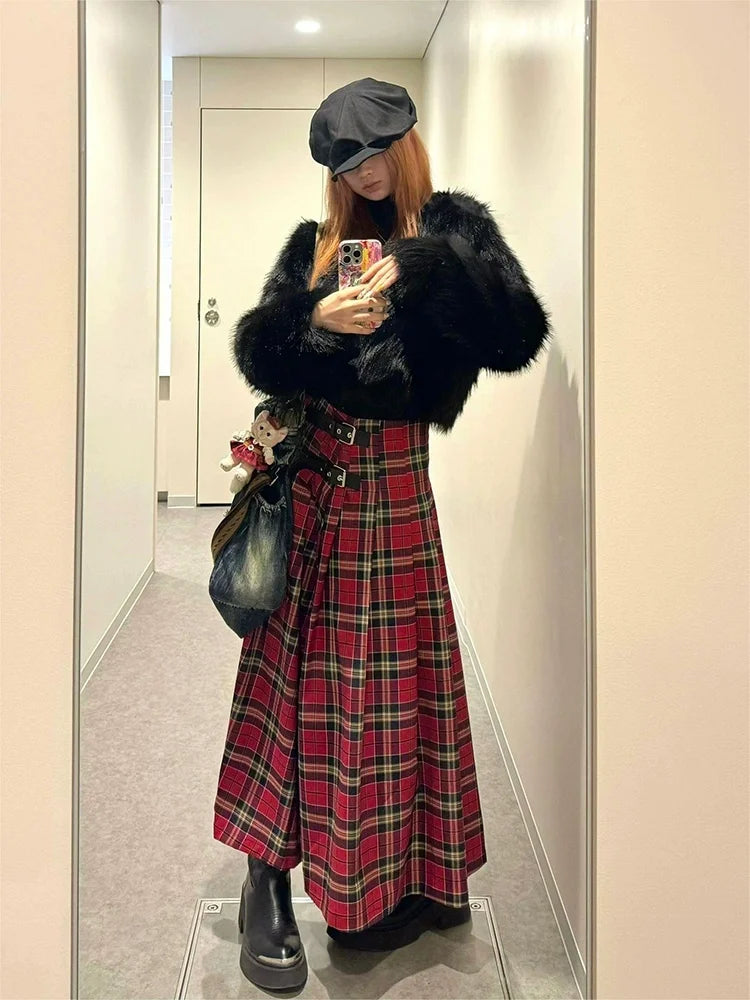 Y2K Retro French Red Plaid A-Line Maxi