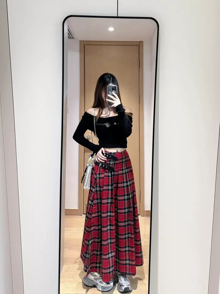 Y2K Retro French Red Plaid A-Line Maxi
