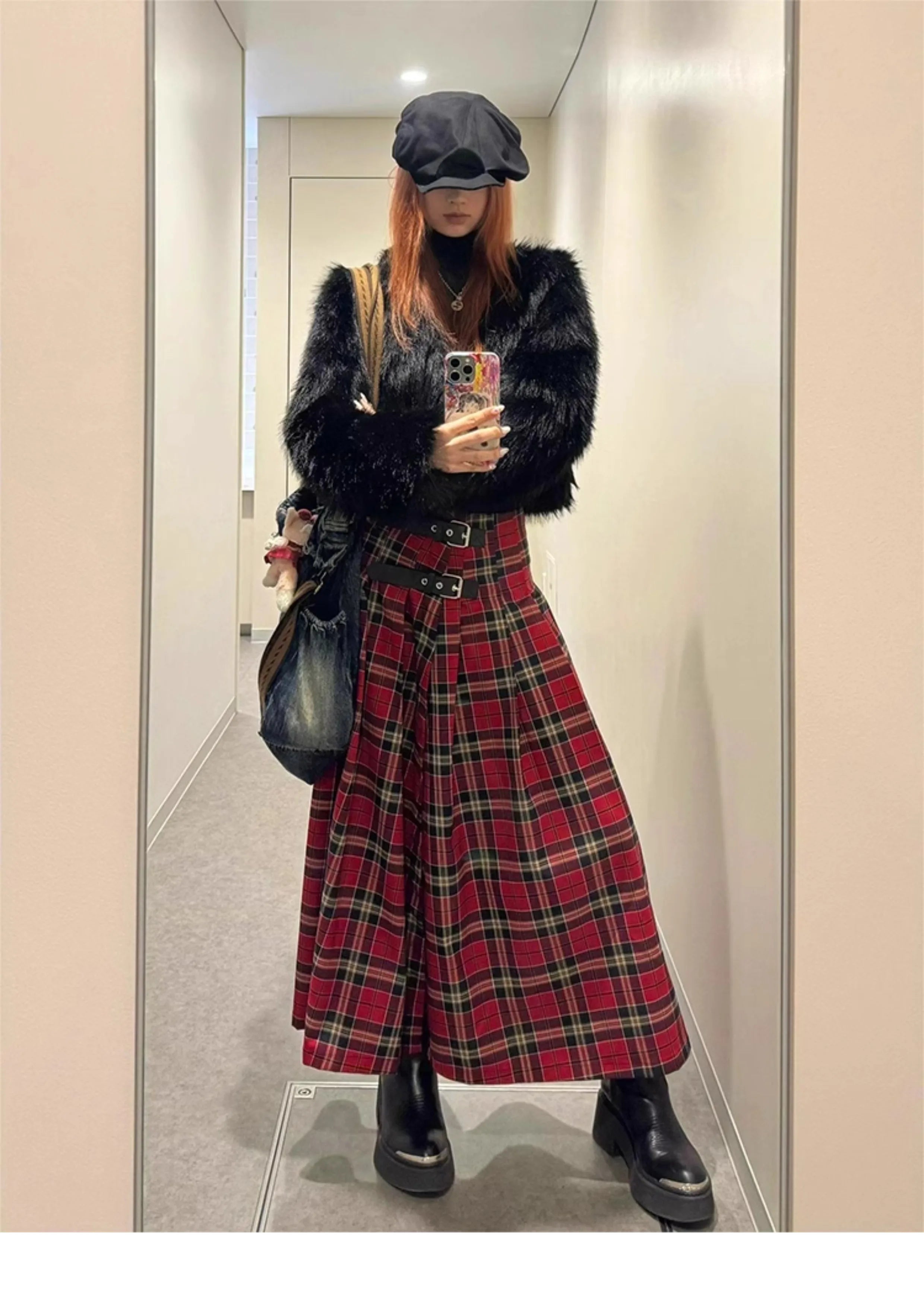 Y2K Retro French Red Plaid A-Line Maxi