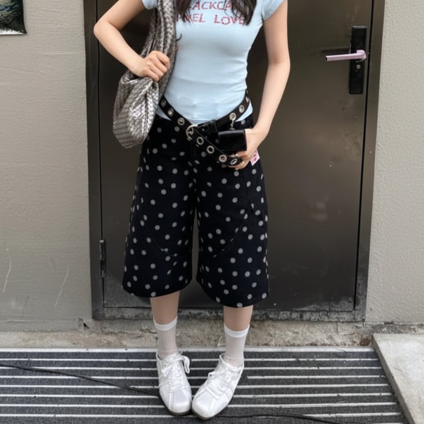 Y2K Retro Polka Dot Design Denim Shorts Jorts