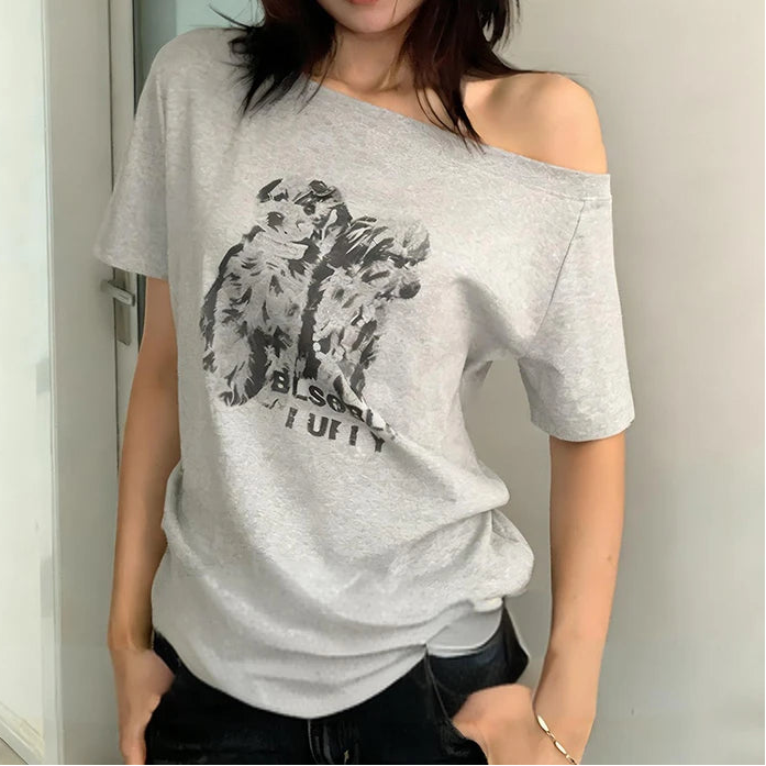 Y2K Retro Puppy Graphic Off Shoulder Top