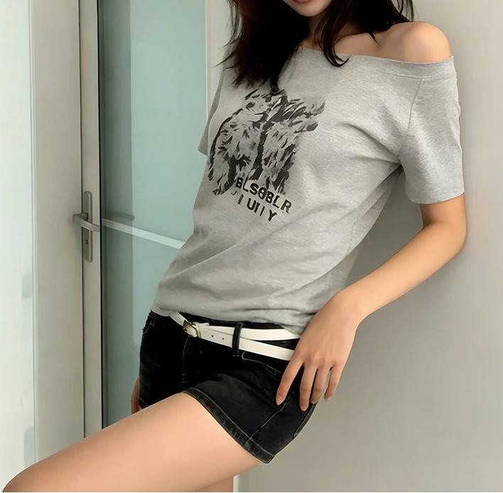 Y2K Retro Puppy Graphic Off Shoulder Top