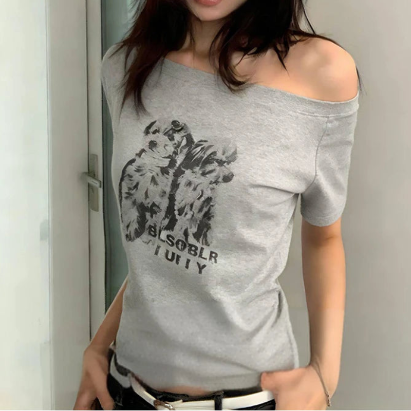 Y2K Retro Puppy Graphic Off Shoulder Top