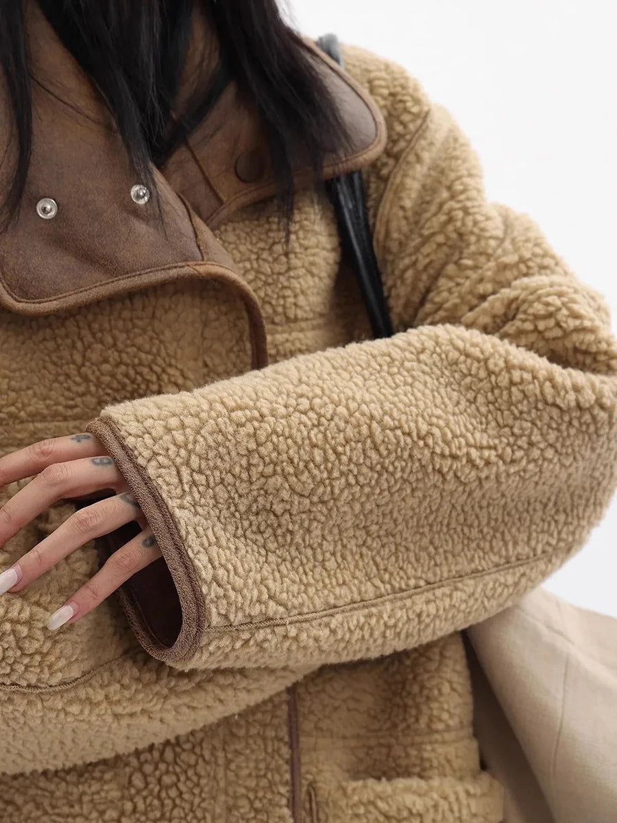 Y2K Reversible Sherpa Fleece Cargo Leather Jacket Coat