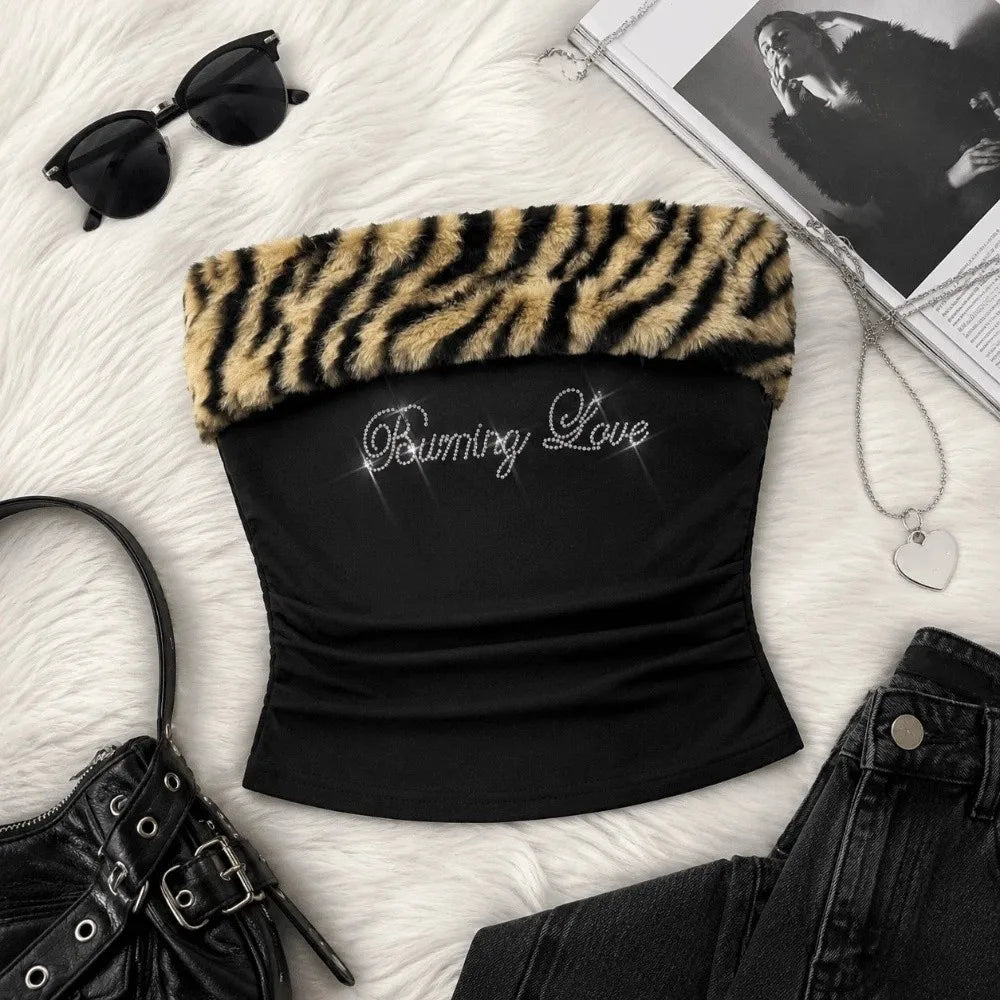 Y2K Rhinestone "Burning Love" Animal Print Crop Top