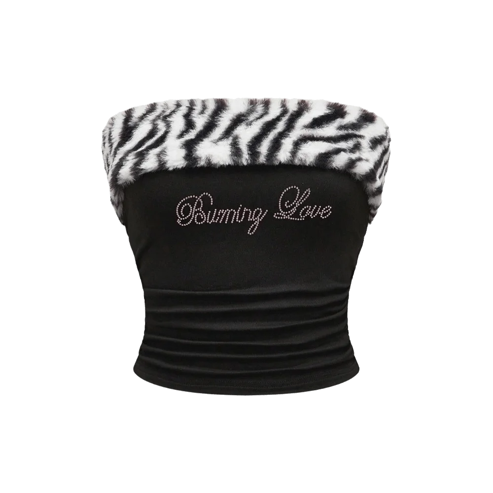 Y2K Rhinestone "Burning Love" Animal Print Crop Top