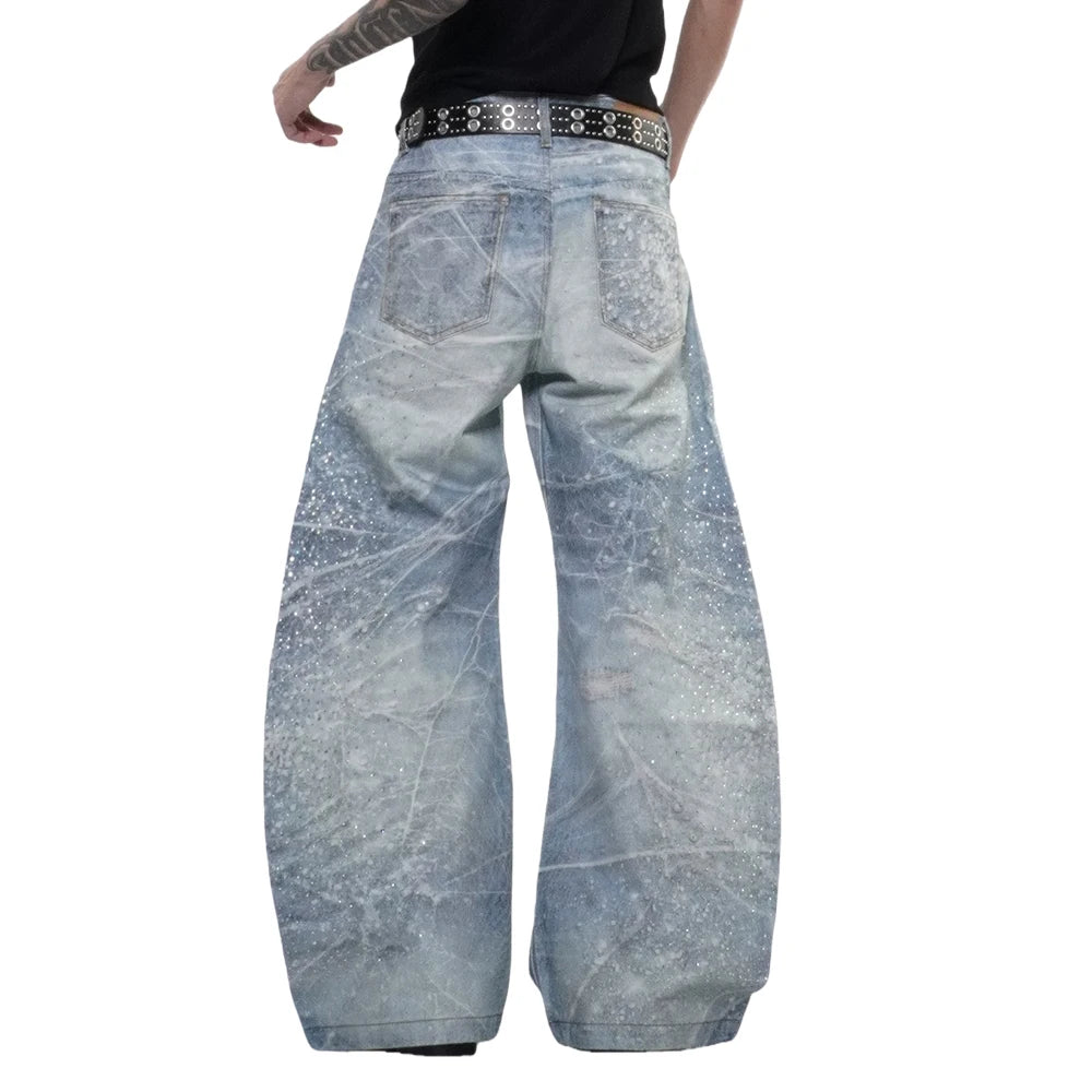 Y2K Rhinestone Distressed Baggy Denim Curved Barrel Jeans