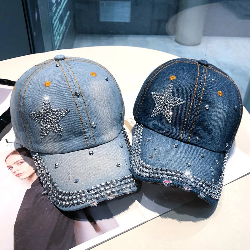 Y2K Rhinestone Star Graphic Denim Baseball Cap