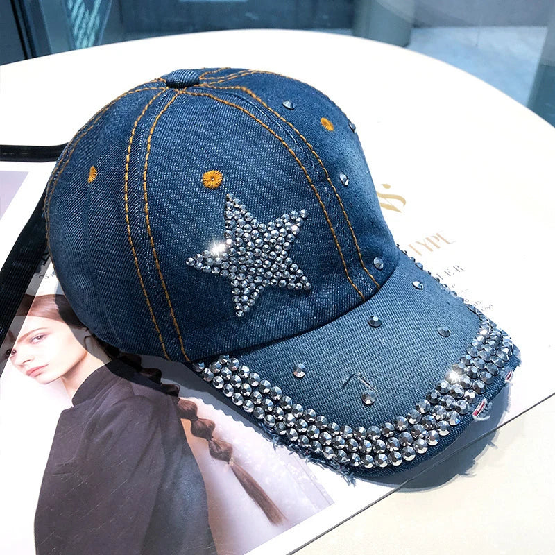 Y2K Rhinestone Star Graphic Denim Baseball Cap