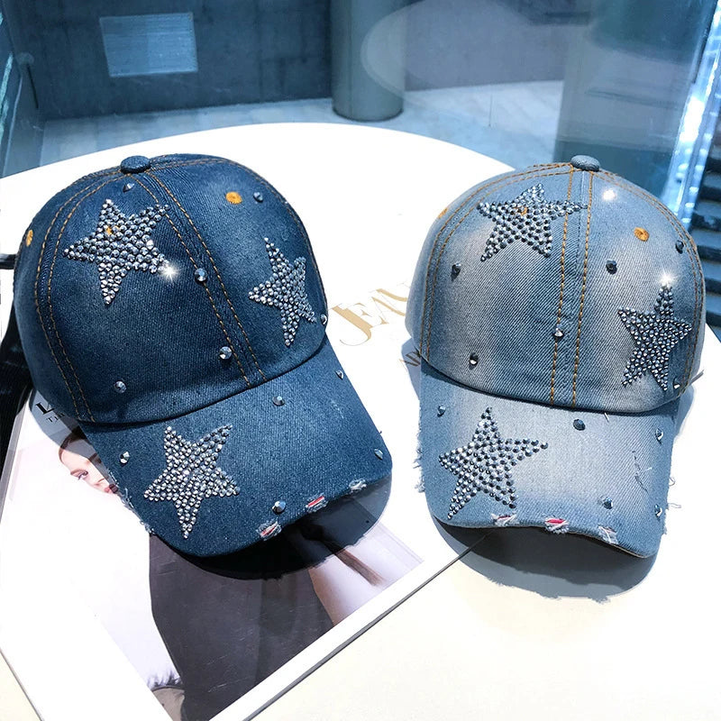 Y2K Rhinestone Star Graphic Denim Baseball Cap