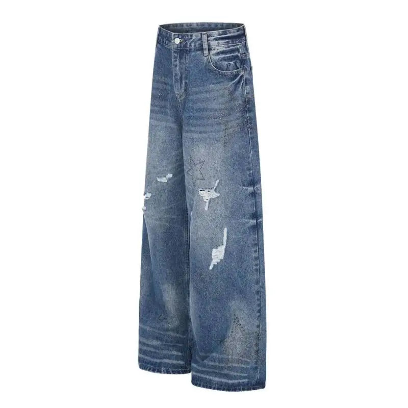 Y2K Rhinestone Stars Distressed Wide Leg Denim Jeans