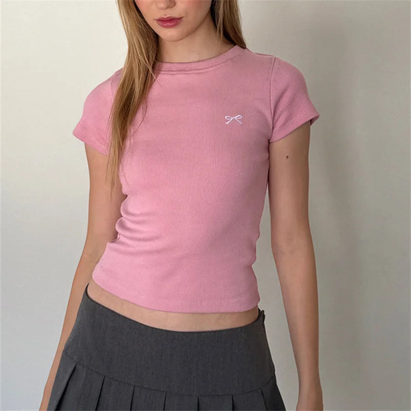 Y2K Ribbon Bow Plain Baby Tee