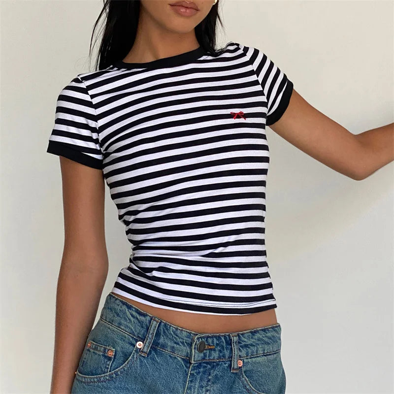 Y2K Ribbon Bow Plain Baby Tee