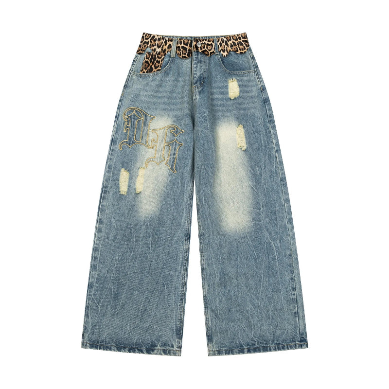 Y2K Ripped Wide Leg Leopard Print Denim Jeans