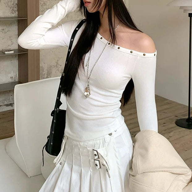 Y2K Rivet Off Shoulder Long Sleeve Top
