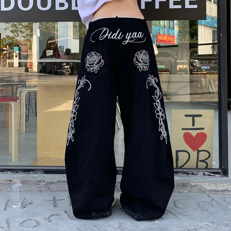 Y2K Rose Floral Embroidered Black Baggy Jeans