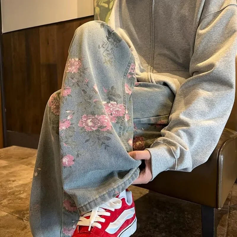 Y2K Rose Print Straight Leg Jeans