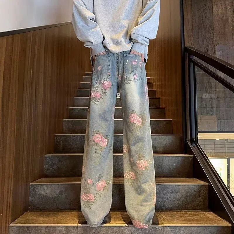 Y2K Rose Print Straight Leg Jeans