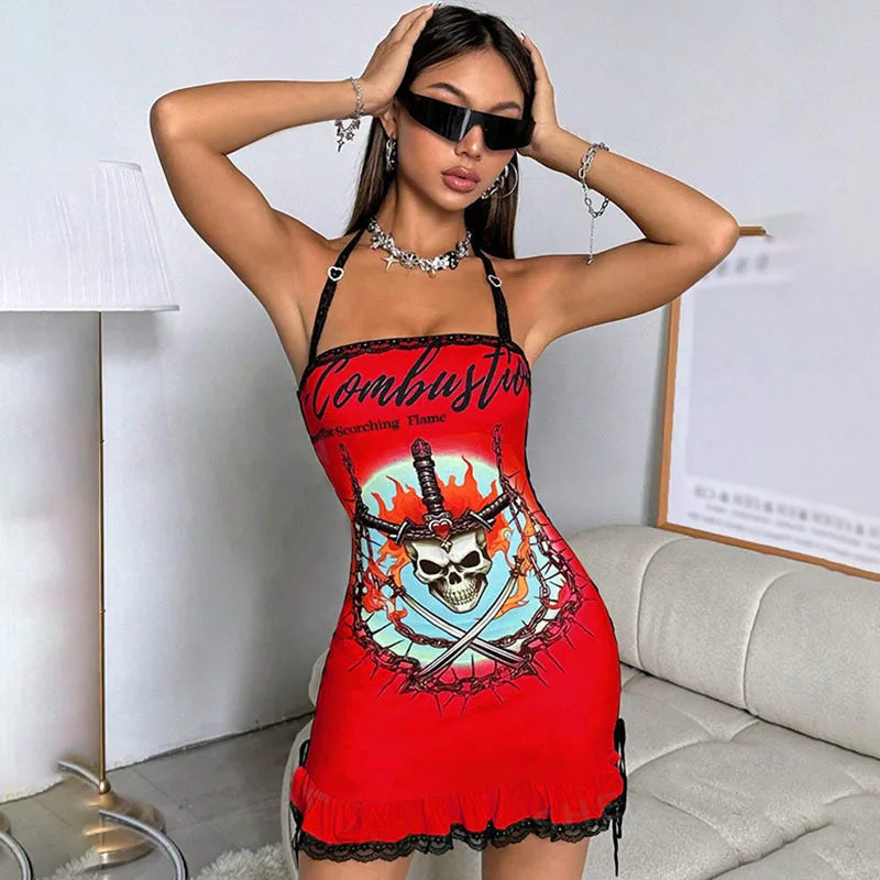 Y2K Scorching Time Print Lace Up Pleated Mini Dress