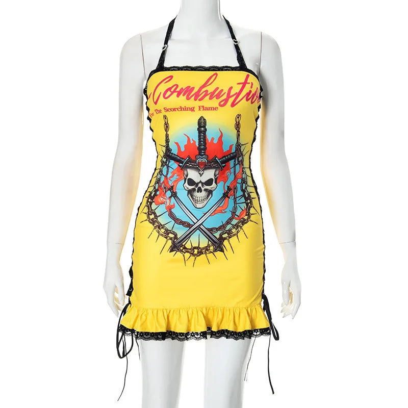 Y2K Scorching Time Print Lace Up Pleated Mini Dress