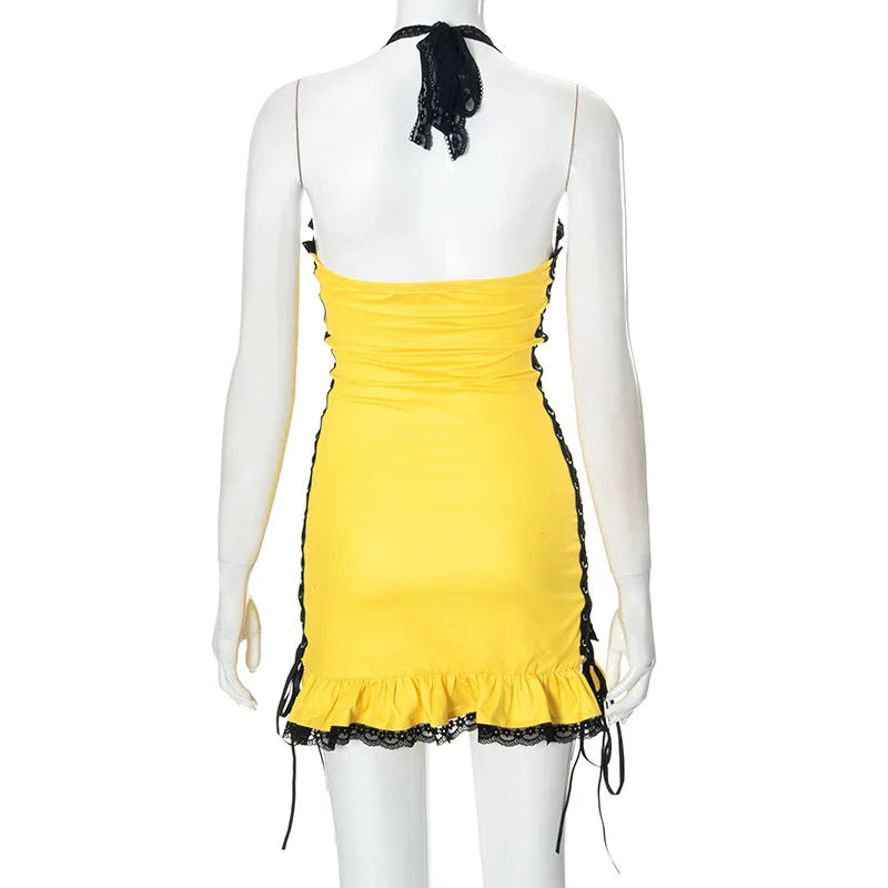 Y2K Scorching Time Print Lace Up Pleated Mini Dress