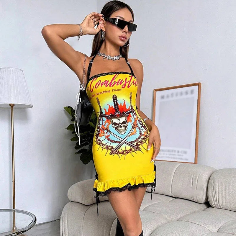Y2K Scorching Time Print Lace Up Pleated Mini Dress Y2K Scorching Time Print Lace Up Pleated Mini Dress