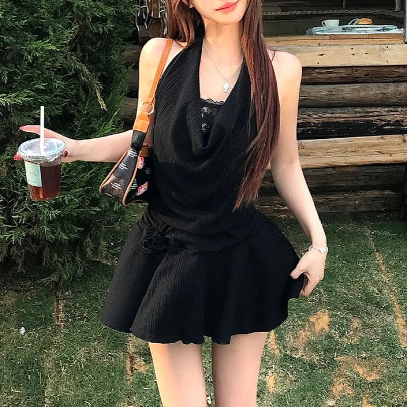 blue dress for baby girl Y2K Sexy French Fake Two Piece Black Lace Mini Dress