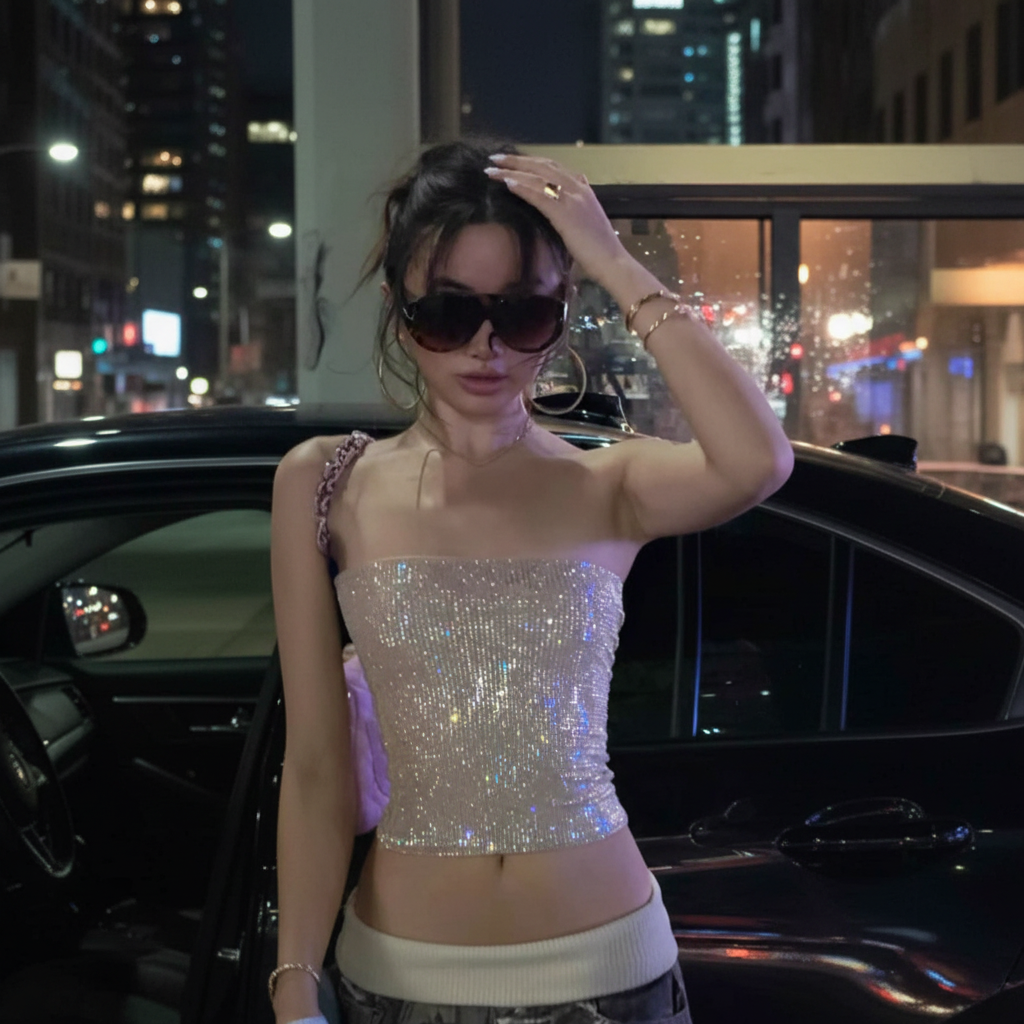 Y2K Sexy Shiny Sequin Bandeau Tube Top