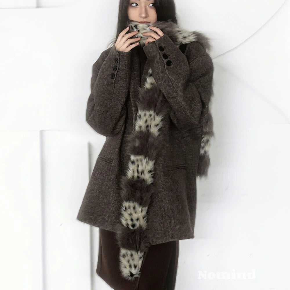 Y2K Sexy Snow Leopard Print Faux Fur Plush Scarf