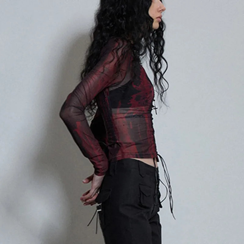 Y2K Sheer Long Sleeve Womens Top