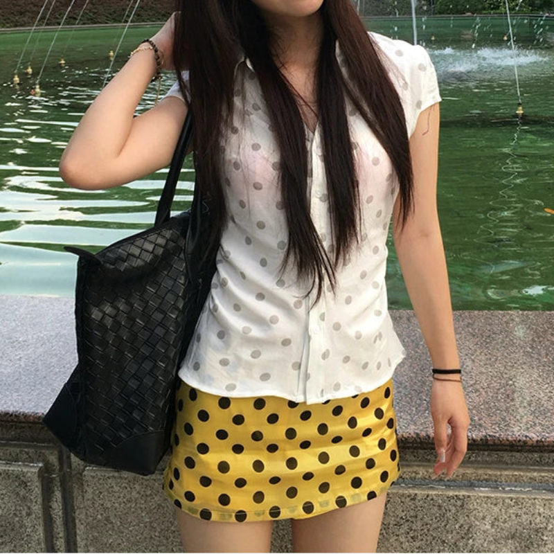 Y2K Sheer Polka Dot Aesthetic Button Up Blouse Shirt