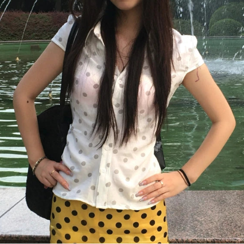 Y2K Sheer Polka Dot Aesthetic Button Up Blouse Shirt
