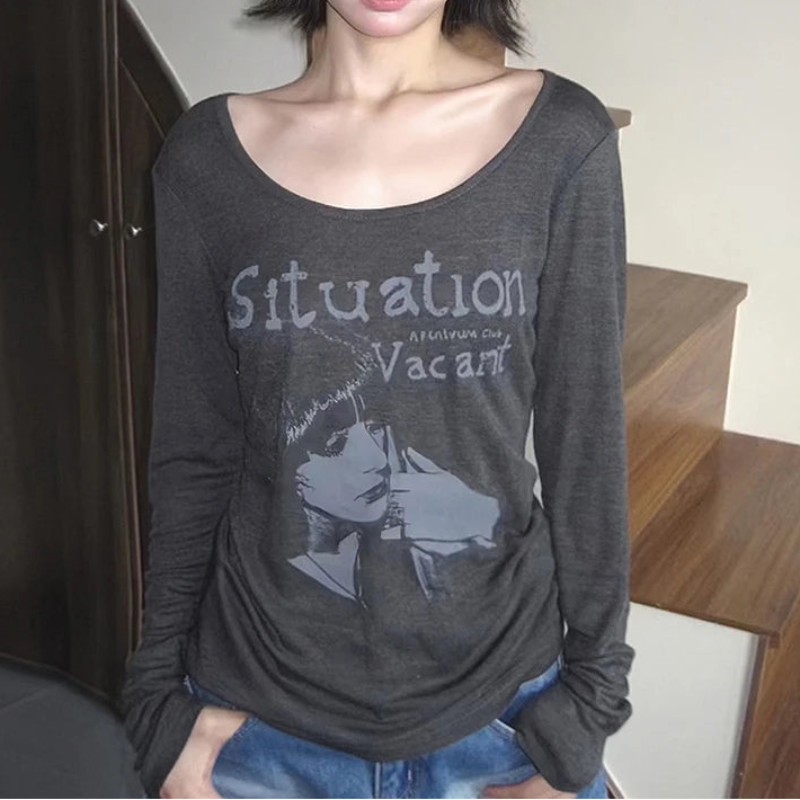Y2K Situation Graphic Print Long Sleeve Top