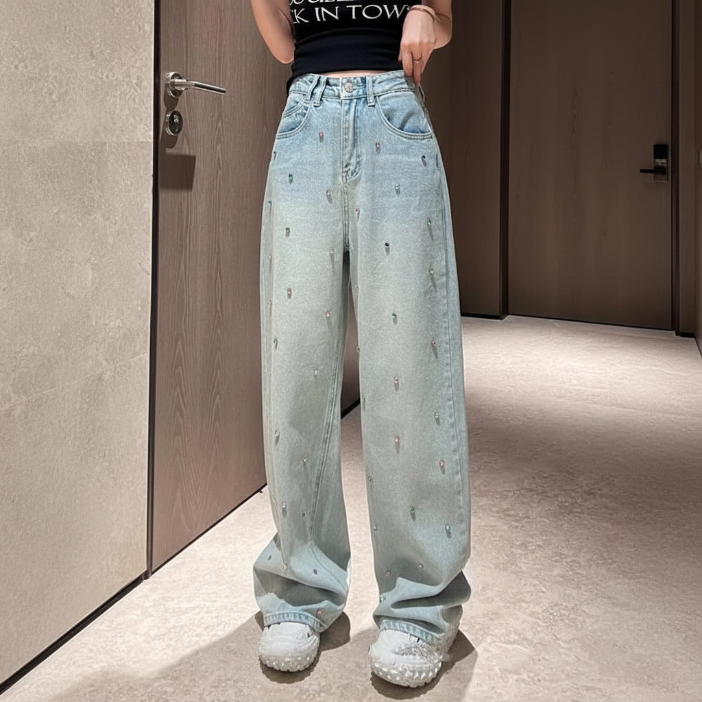 Y2K Slim High Waist Straight Leg Multi Rhinestone Jeans