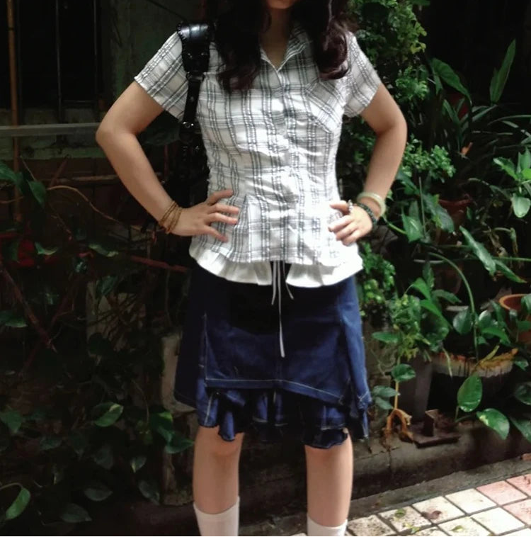Y2K Slim Short Sleeve Plaid Vintage Blouse Button Up Shirt