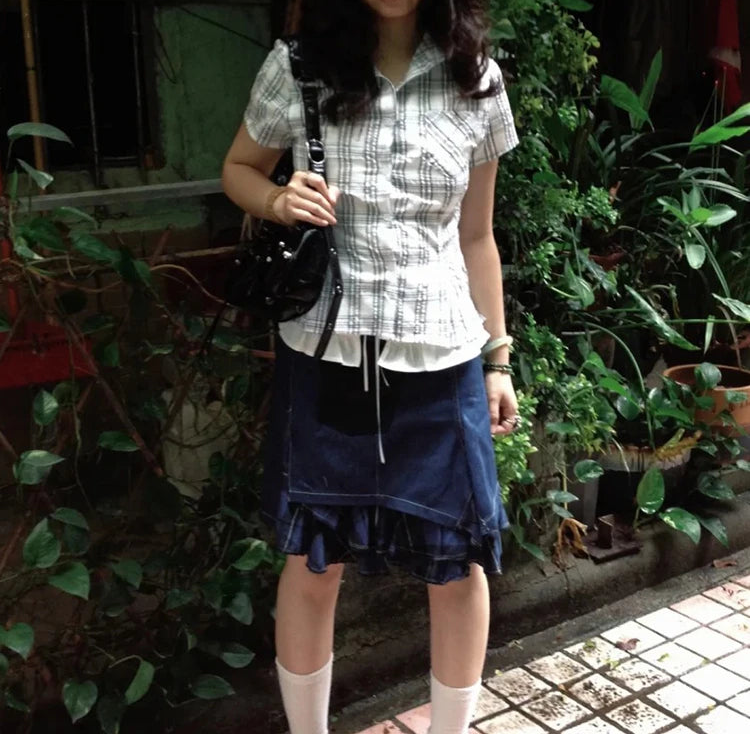 Y2K Slim Short Sleeve Plaid Vintage Blouse Button Up Shirt