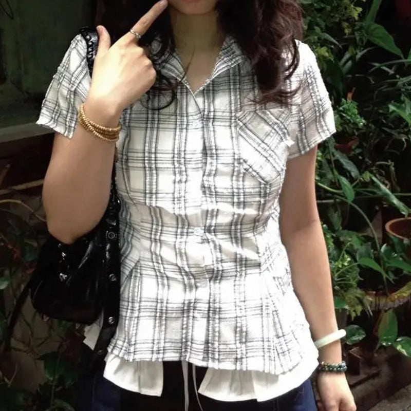 Y2K Slim Short Sleeve Plaid Vintage Blouse Button Up Shirt