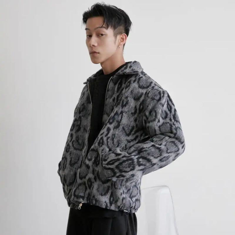 Y2K Snow Leopard Print Faux Fur Zip Up Jacket