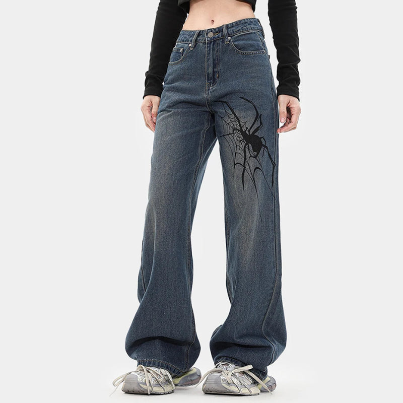 Y2K Spider Print Graphic Denim Jeans