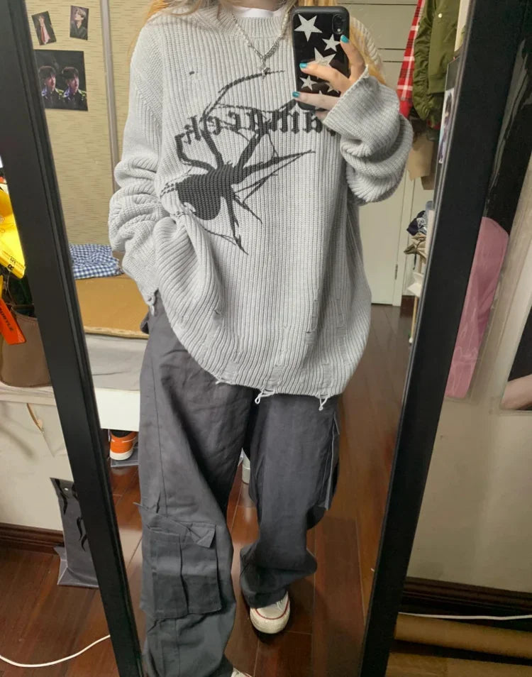 Y2K Spider Print Knitted Sweater