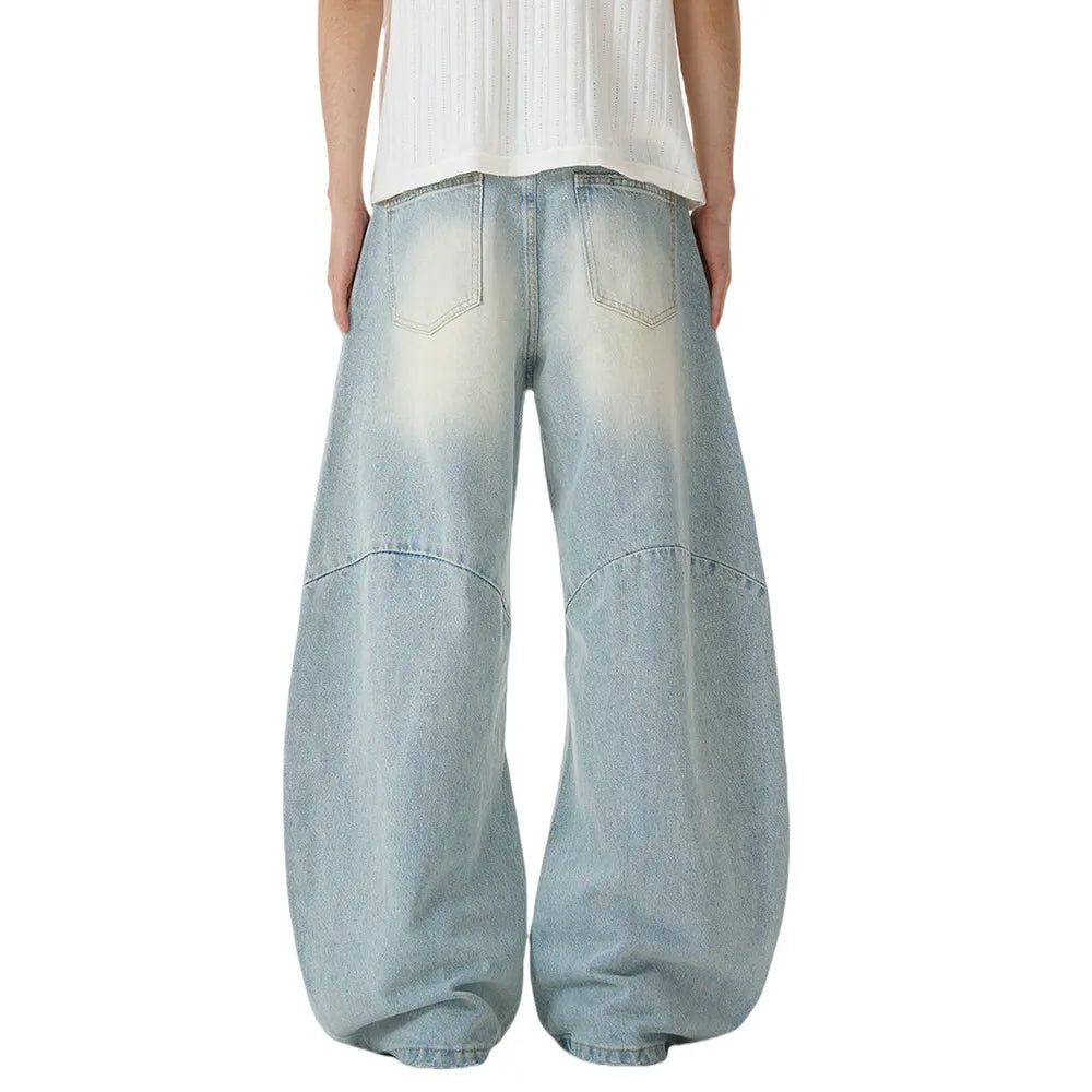 Y2K Spliced Light Baggy Denim Curved Barrel Jeans