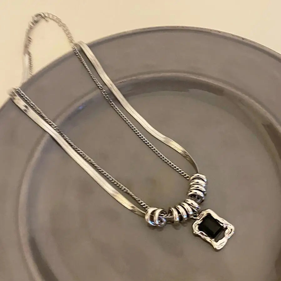 Y2K Square Pendant Double Layer Necklace