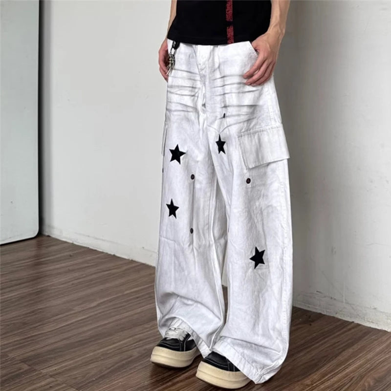 Y2K Star Graphic Print Distressed Cargo Denim Jeans