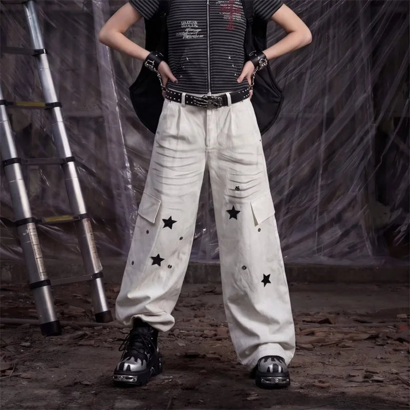 Y2K Star Graphic Print Distressed Cargo Denim Jeans
